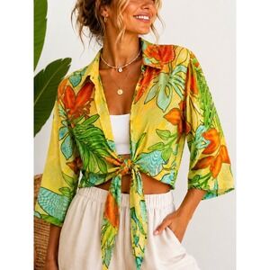 Banana‎ Bay Sheer Tropical Tie Front Top Small Y2K Resort Floral Rayon
